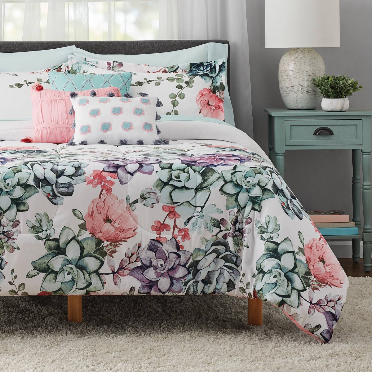 Mainstays Jade Floral 10 - Piece Bed in A Bag Bedding Set w/Bonus Sheet Set + Pillows, King