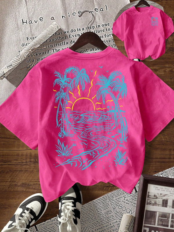 EMERY ROSE Women's Palm Tree Print Casual Round Neck Short Sleeve T-Shirt
