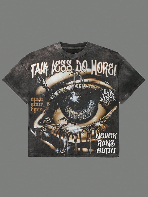 Street Style With Black And Gray Eyes, Y2K, 230g Washed, Printed T-Shirts, Casual Shirts In Summer, Loose Plus Size, Summer Clothes For Men And Women.