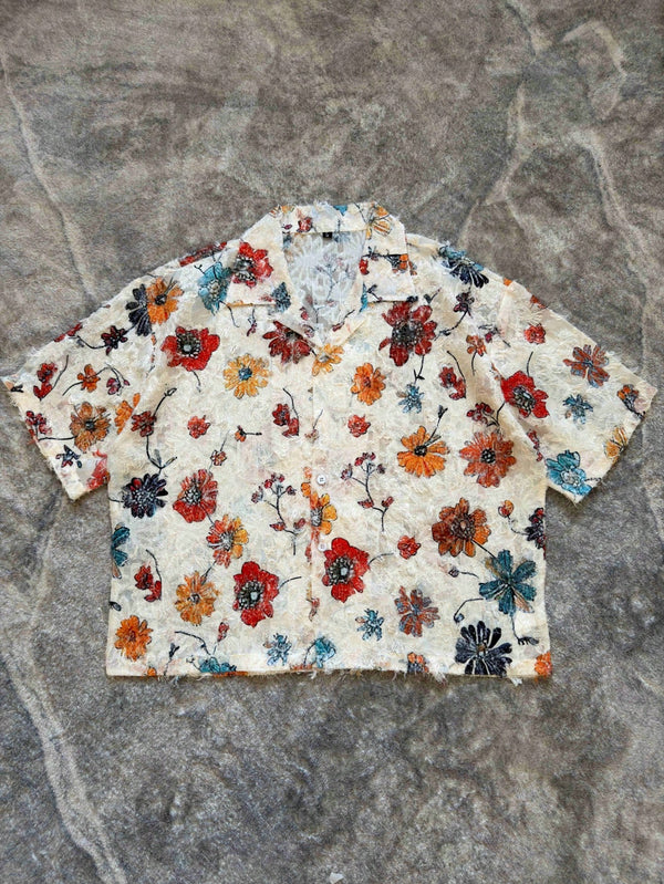 Soft Textured Short Shirt, Unisex, Summer Floral Pattern, Jacquard Fabric, Loose Fit, Distressed, Couple Shirt, Hollow Out, Casual Outings, Young People's Outfit, Vacation Shirt, Short Sleeve Outerwear