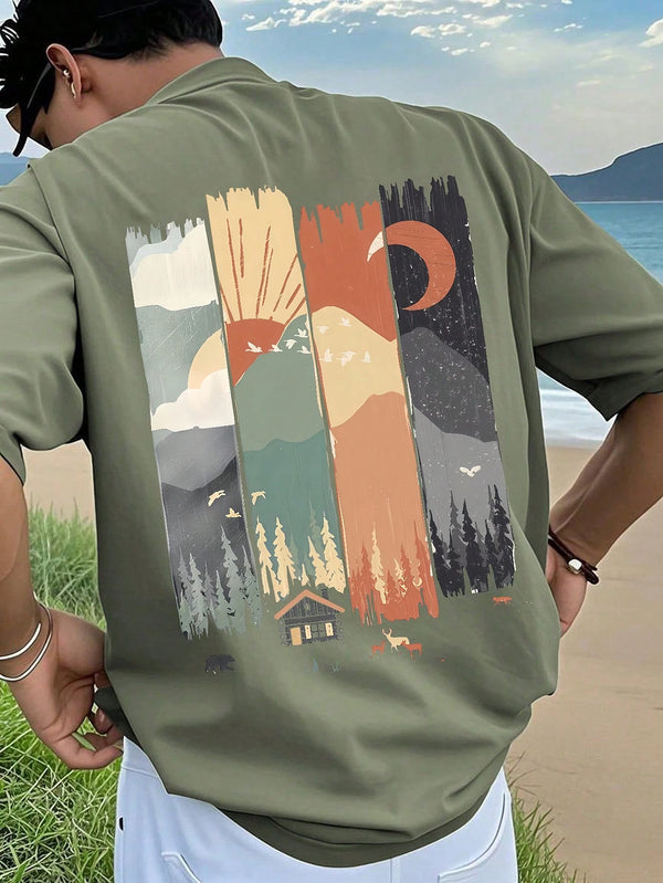 Men's Graphic Print T-Shirt, Beach Summer Wear Loose Fit Short Sleeve Tee