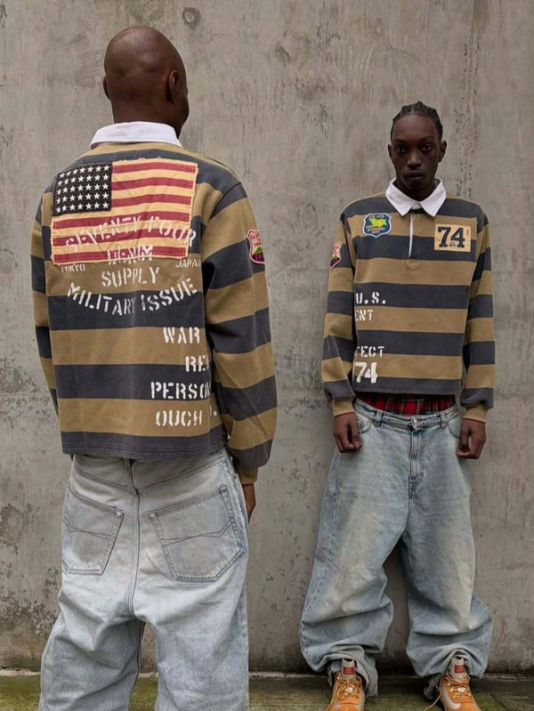 Men's Yellow & Blue Striped Rugby Shirt, "74" Patch American Flag Back Print Cropped Polo
