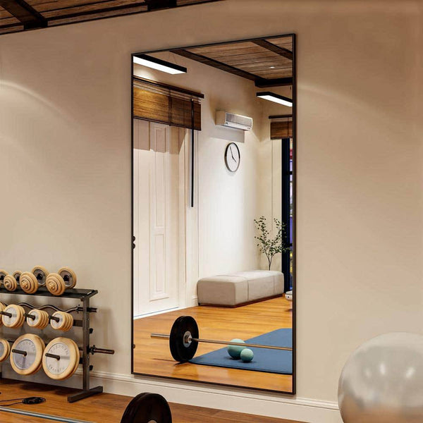 30 in. W x 71 in. H Rectangular Black Aluminum Alloy Framed Modern Oversized Wall Mirror