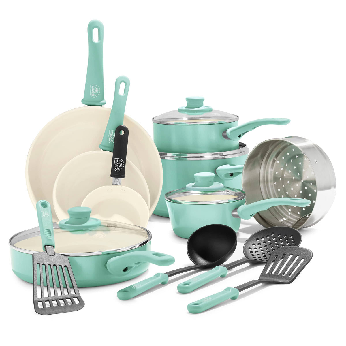 GreenLife Soft Grip 16 Piece Ceramic Non - Stick Cookware Set Turquoise