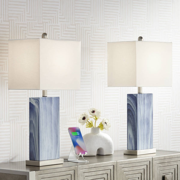 360 Lighting Connie Modern Table Lamps Set of 2 with USB Charging Port Rectangular Blue White Fabric Shade for Living Room Bedroom Bedside