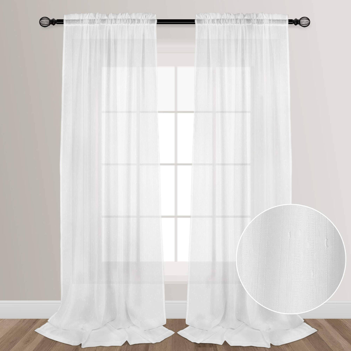 VOILYBIRD White 108 Inches Sheer Curtains Extra Long See Through Sheers for Living Room Bedroom Rainy Style Rod Pocket at Top, 52 - Inch by 108 -