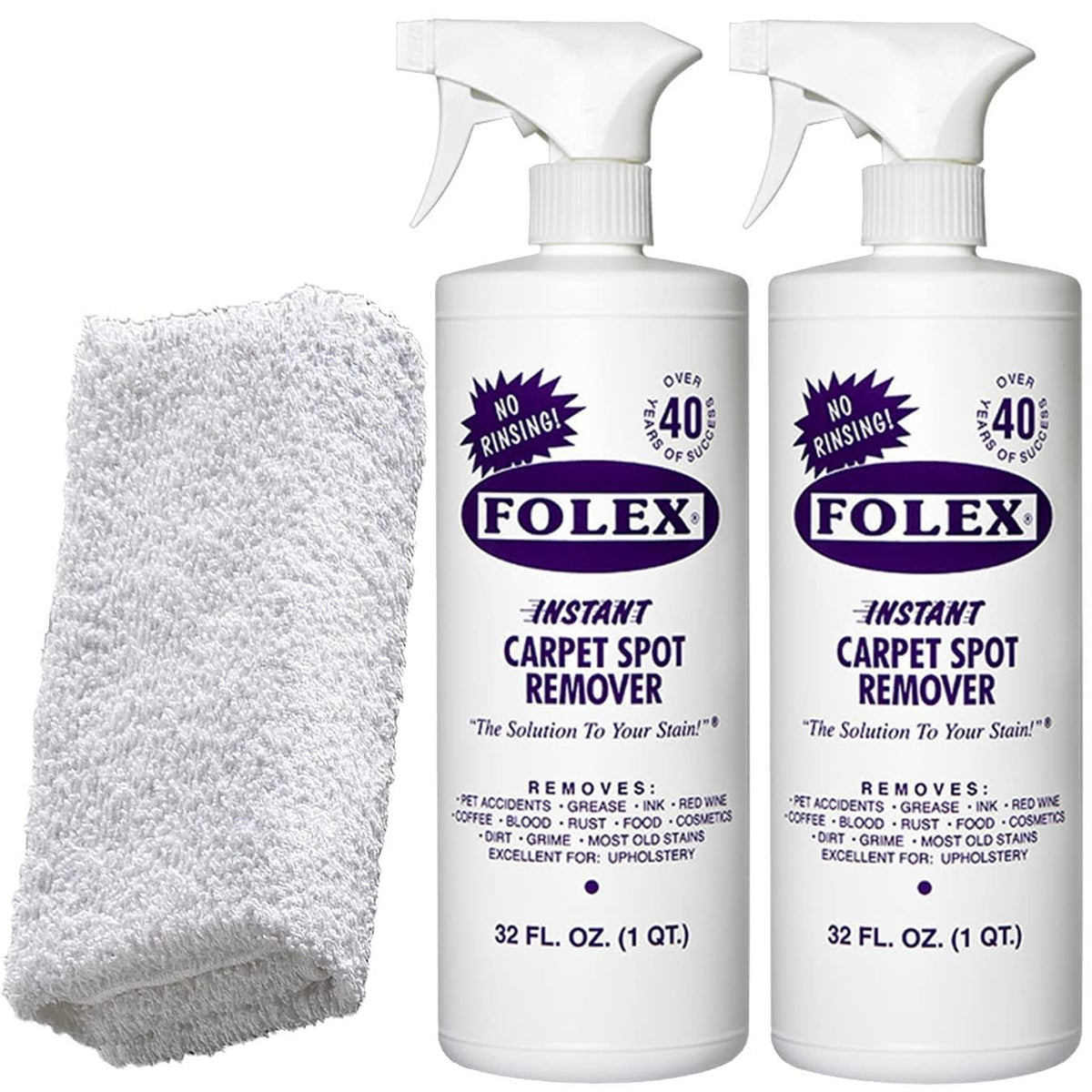 2 Bottles of Folex Instant Carpet Spot Remover + 1 Daley Mint Cleaning Cloth - Instant Rug, Upholstery, and Spot Carpet Stain Remover Kit, 32oz