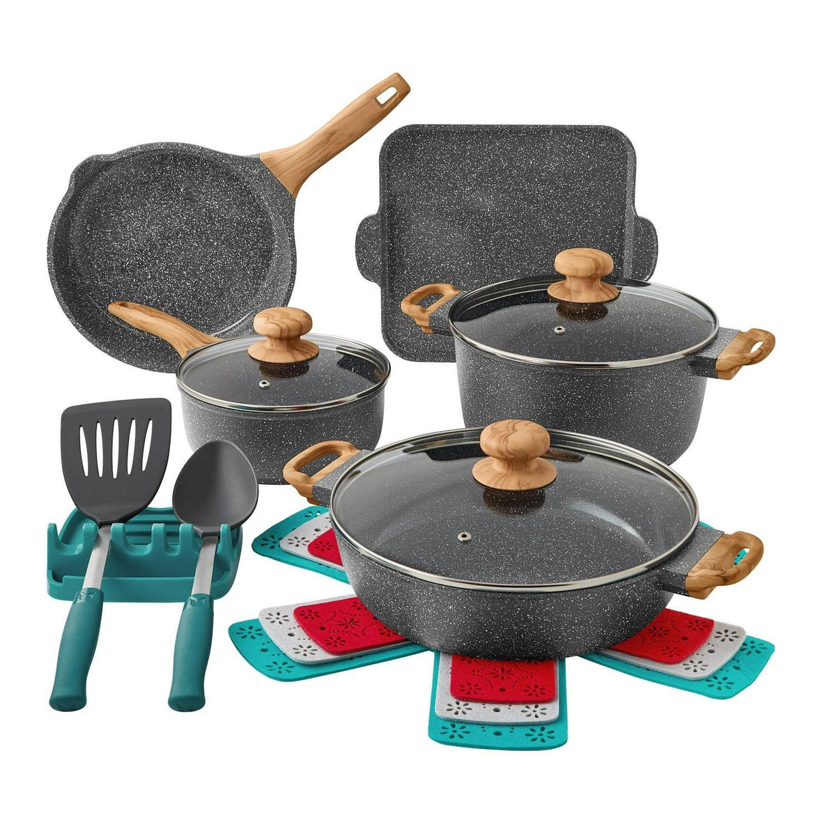 The Pioneer Woman Prairie Signature 14 - Piece Cast Aluminum Cookware Set, Charcoal Speckle
