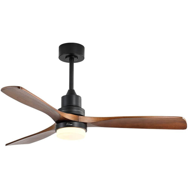 52 inch Indoor and Outdoor Downrod Solid Wood Ceiling Fan with Remote, Integrated Light Optional - with Integrated Light - Black with Brown Blades