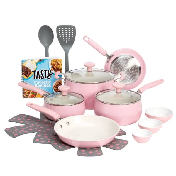 Tasty Clean Ceramic 16 Piece Non - Stick Aluminum Cookware Set, Pink