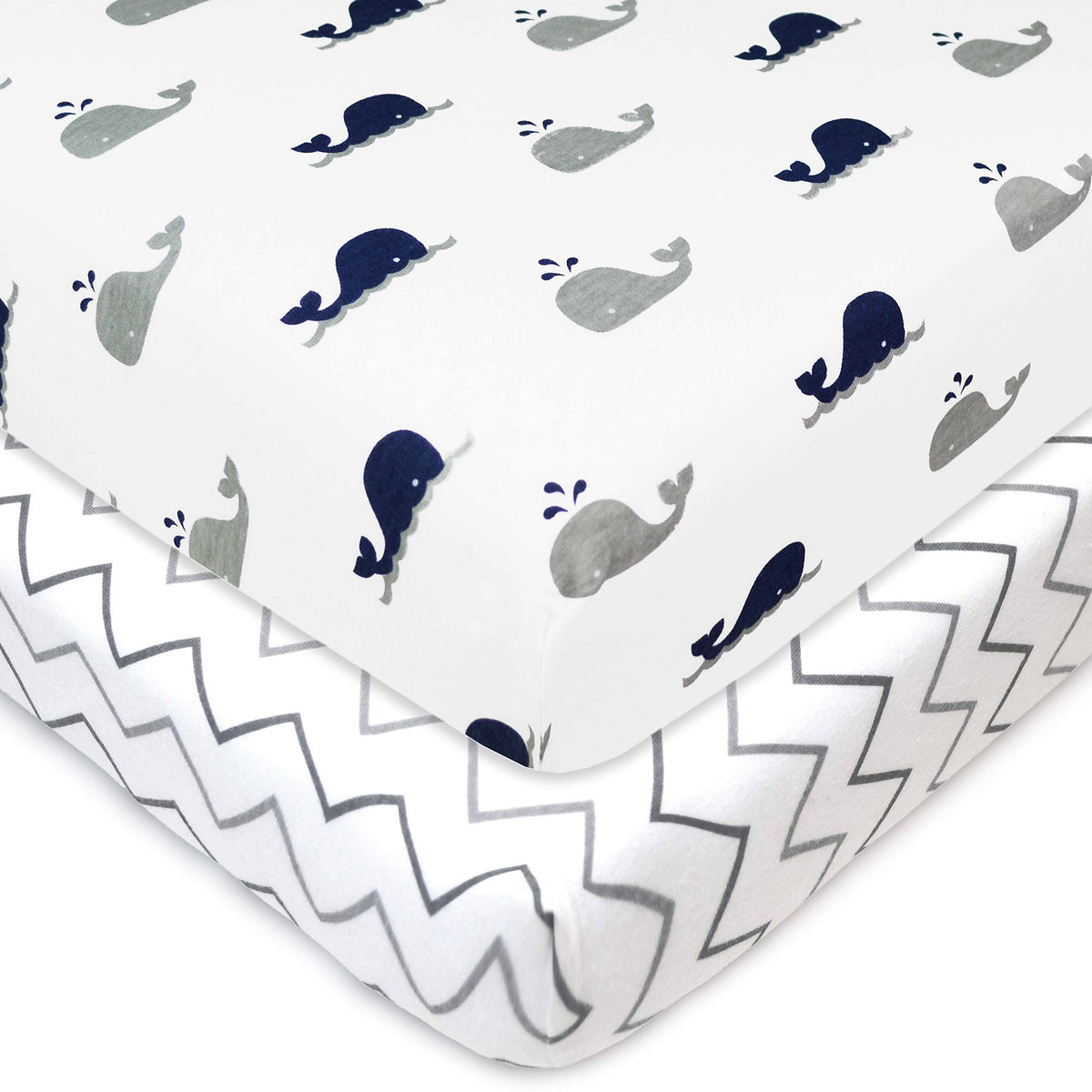 American Baby Company Printed 100% Natural Cotton Jersey Knit Fitted PortableMini - crib Sheet, Navy Whalegrey Zigzag, Soft Breath