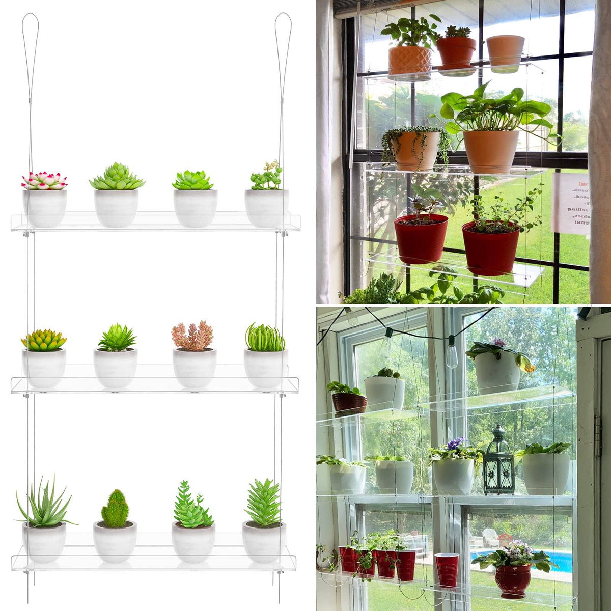 OtNiap Clear Hanging Window Plant Shelves, Indoor Windows Wall Hanging Plant Stand Flower Display, Flower Pot Organizer Storage for Windo, Green