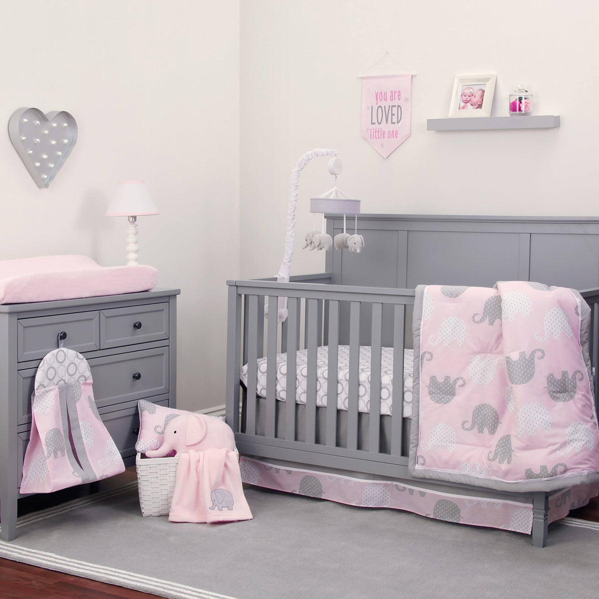 NoJo Dreamer Elephant 8 - Piece Crib Bedding Set in Pink/Grey