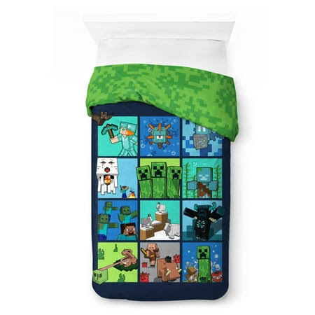 Minecraft Kids 2 - Piece Twin/Full Reversible Comforter and Pillowcase Bedding Set, Microfiber, Green, Mojang, Multicolor