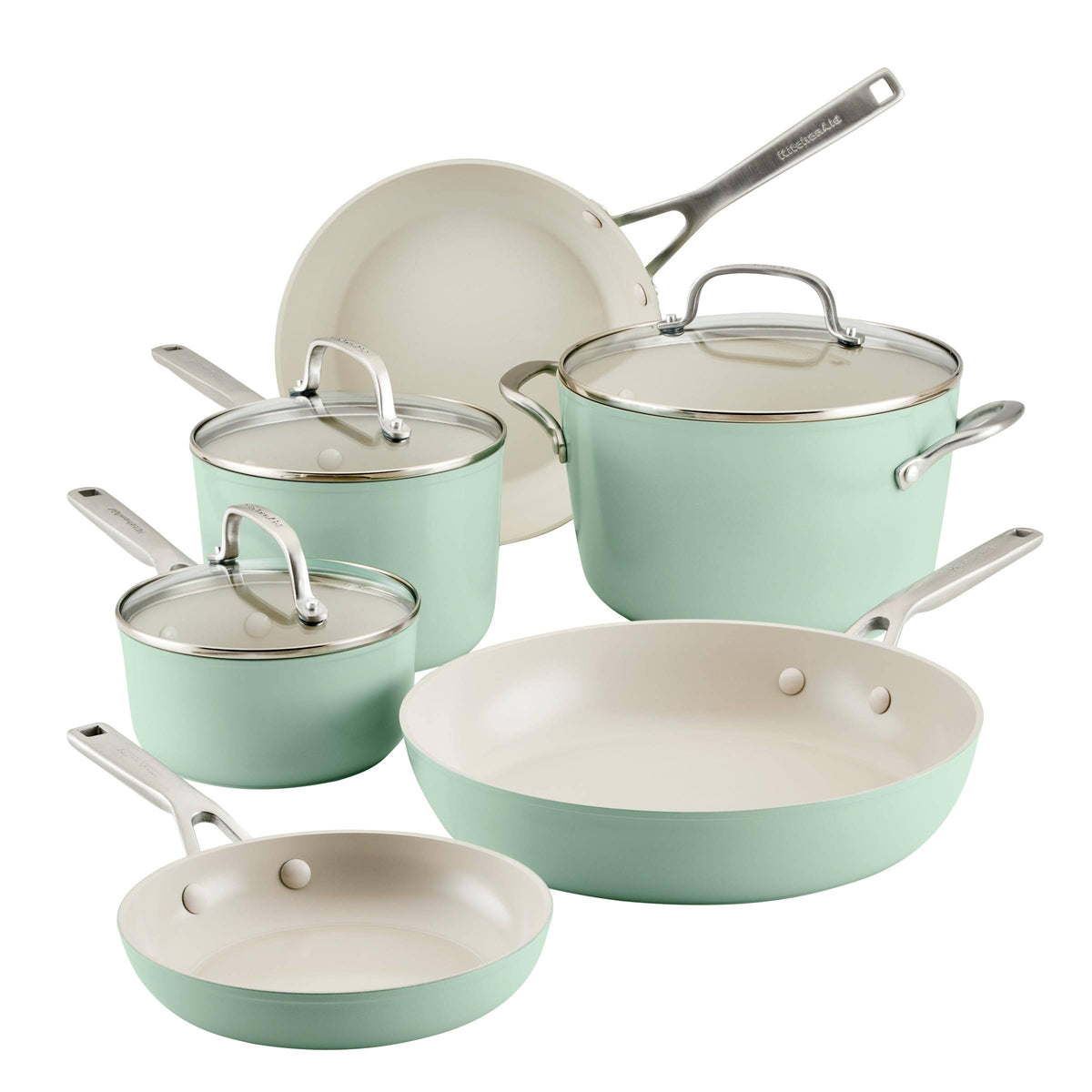 KitchenAid 9 - Piece Hard Anodized Ceramic Nonstick Cookware Set, Pistachio