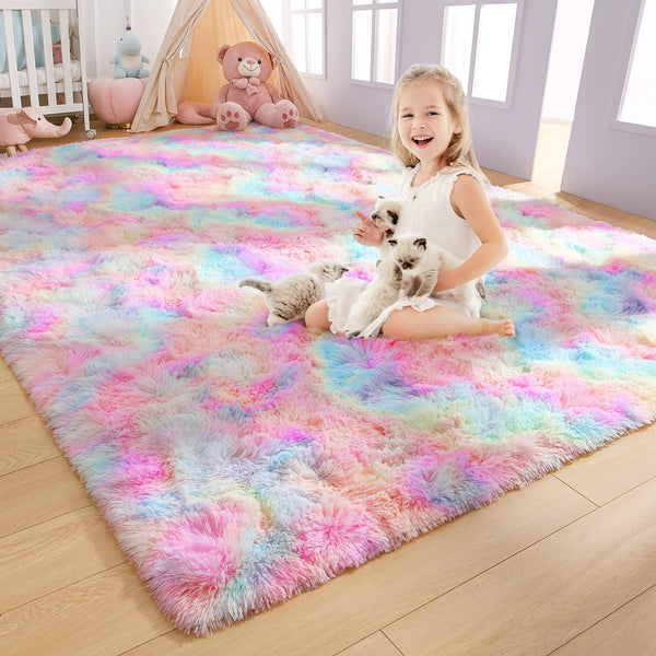 AROGAN Soft Rainbow Area Rugs for Girls Room 5x8 Feet, Fluffy Girls Bedroom Rugs, Princess Rug, Cute Colorful Carpet for Kids Teens Nursery Toddler