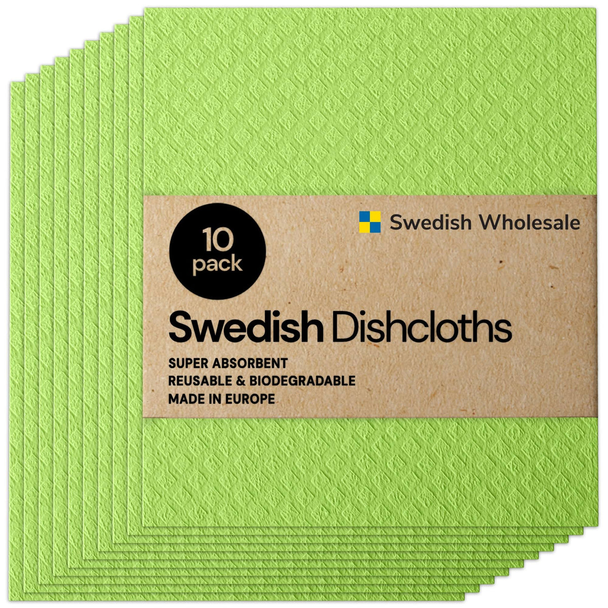Swedish Absorbent Reusable Dish Cloths for Kitchen, Bathroom and Cleaning Counters, 10pk, Lime Green