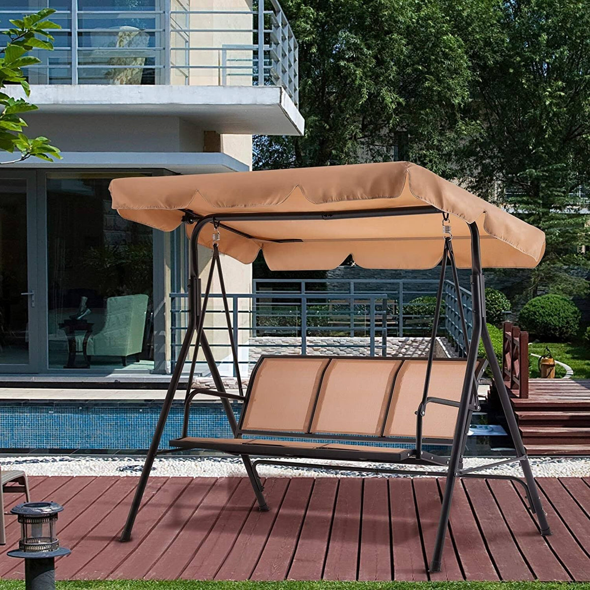 Mcombo Outdoor Patio Canopy Swing Chair 3 - Person, Steel Frame Textilence SEATS Swing Glider, 4507 (Beige)