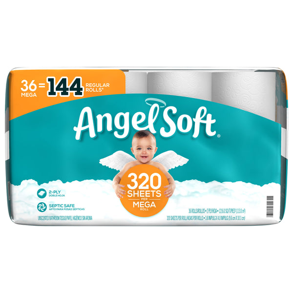 Angel Soft Bathroom Tissue, Unscented, Mega Roll, 2 - Ply - 36 rolls