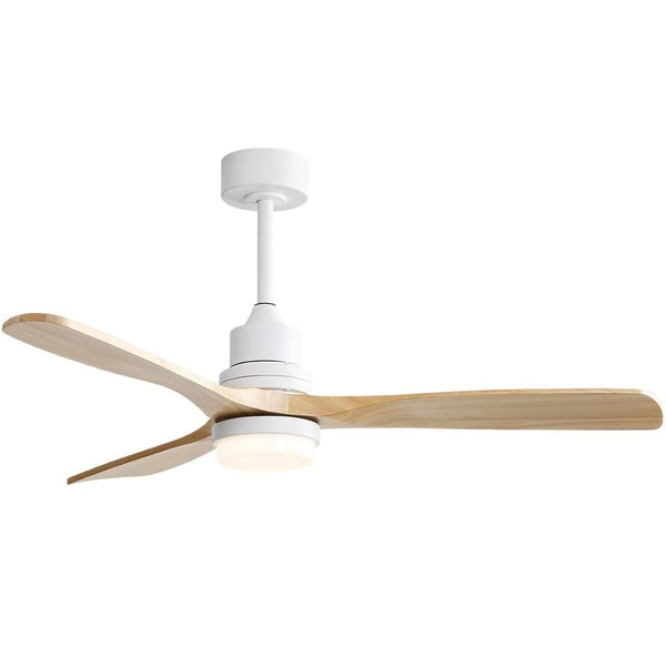 52 inch Indoor and Outdoor Downrod Solid Wood Ceiling Fan with Remote, Integrated Light Optional - with Integrated Light - White with Burlywood Blades