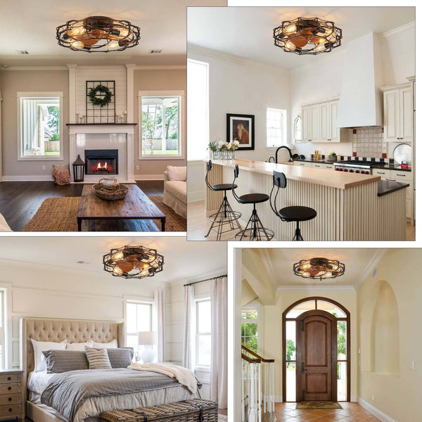 20 in. Modern Farmhouse Ceiling Fan Light with Remote 4 - Light Black Cage Wood Grain Rustic Indoor Fandelier for Bedroom - Black Flush Mount Light