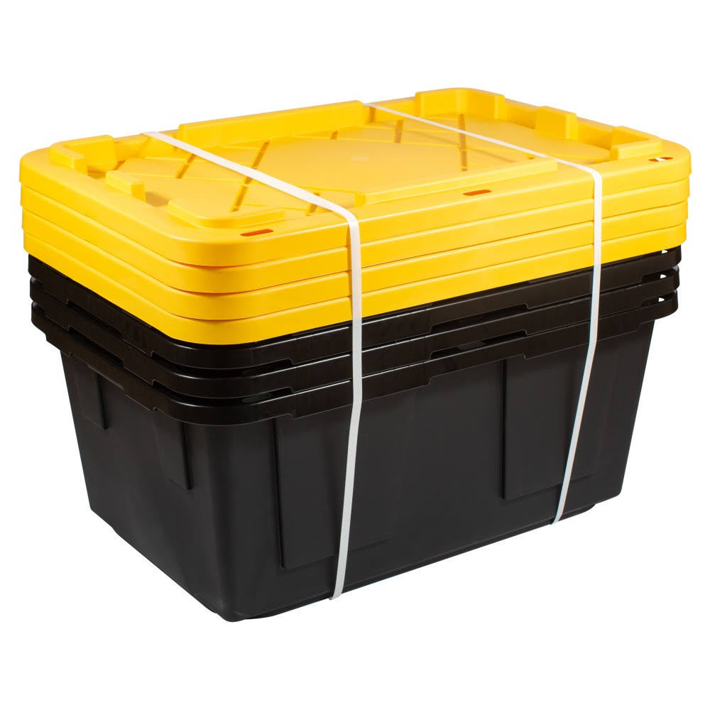 Office Depot Brand by Greenmade Professional Storage Totes, 23 - Gallon, Black/Yellow, Pack of 4 Totes