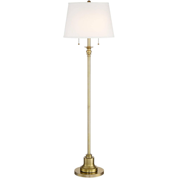 360 Lighting Traditional Floor Lamp Brushed Antique Brass Metal Off White Linen Fabric Drum Shade for Living Room Reading Bedroom
