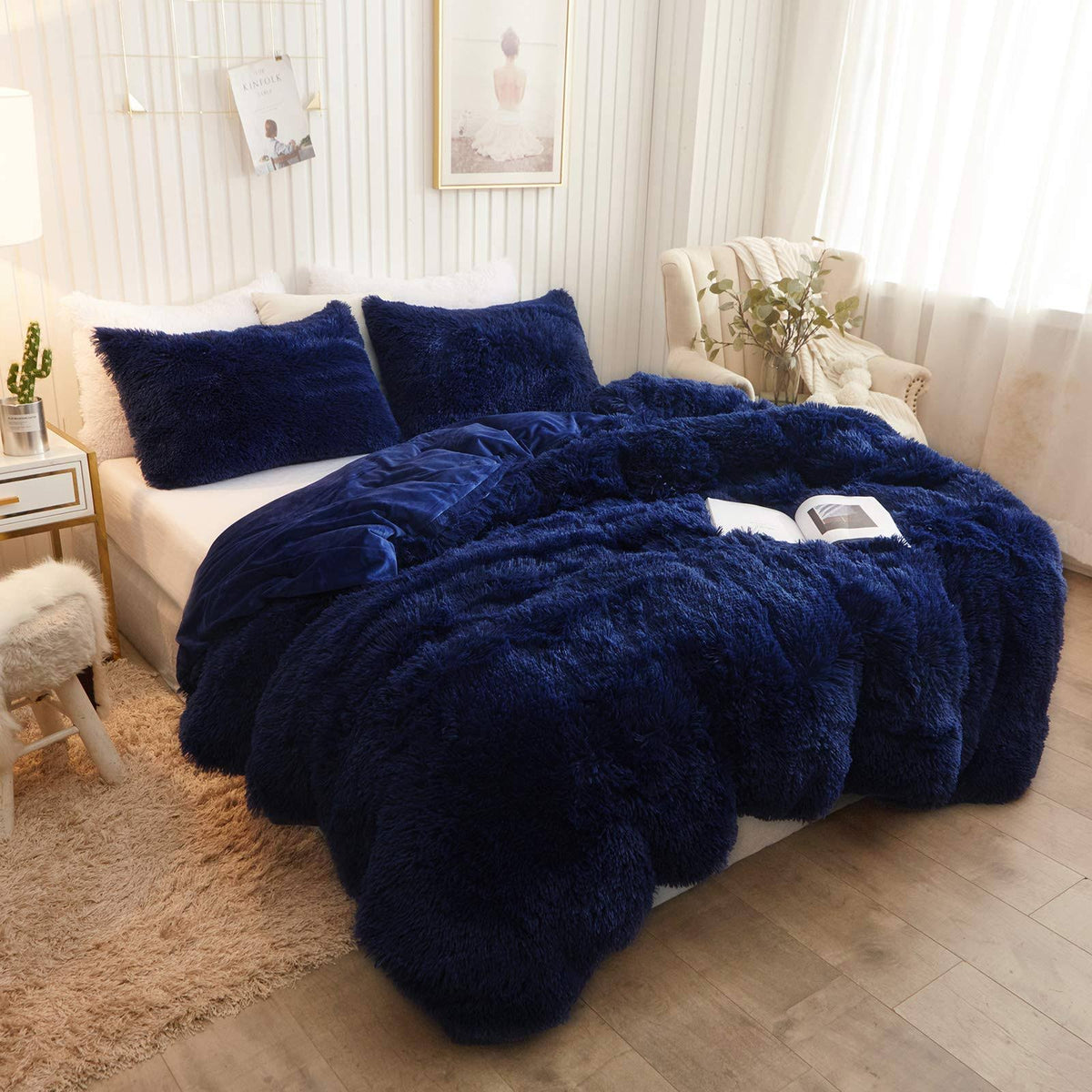 XeGe Plush Shaggy Duvet Cover Luxury Ultra Soft Crystal Velvet Bedding Set 1PC(1 Faux Fur Duvet Cover), zipper Closure(queen, navy Blue)