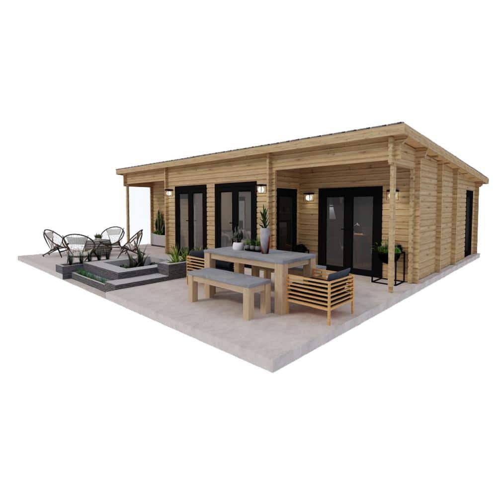 Hud - 1 EZ Buildings Nordic J68 33 ft. 3 in. x 19 ft., 3 ft. 1 in. with 14 ft. 3 in x 3 ft. 5 in. Bay Area ?692 Sq. ft. Log Cabin Kit, Brown