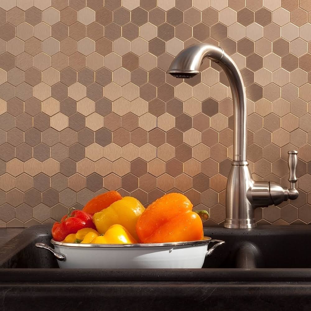 Aspect Peel and Stick Backsplash 11in x 4in Honeycomb Champagne Matted Metal Tile for Kitchen Bathrooms 3 - Pack