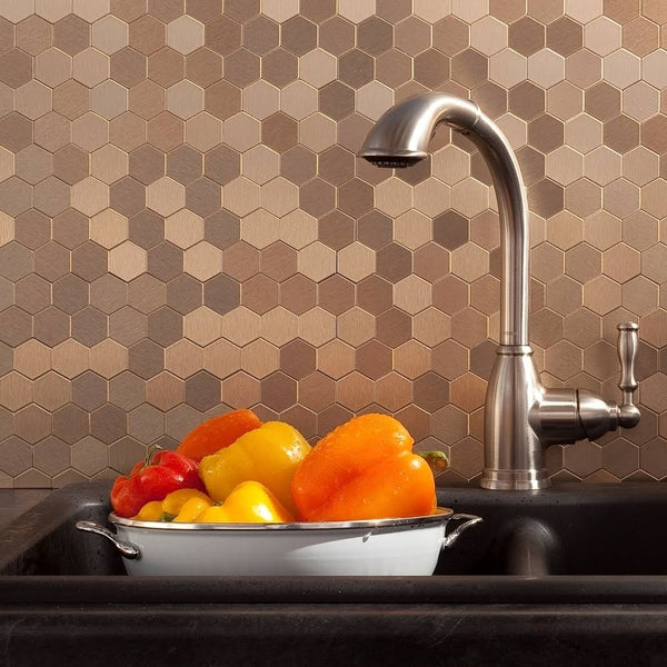 Aspect Peel and Stick Backsplash 11in x 4in Honeycomb Champagne Matted Metal Tile for Kitchen Bathrooms 3 - Pack