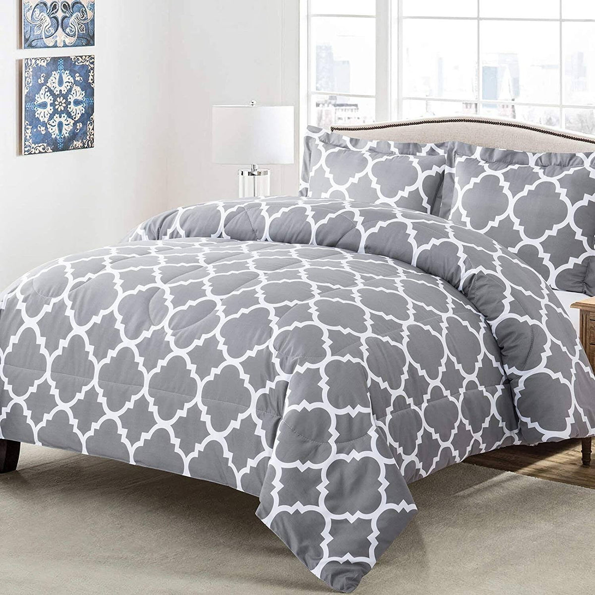 Shatex Microfiber 3 Pieces Bedding Comforter Sets Geometry, Queen - Geometry - grey